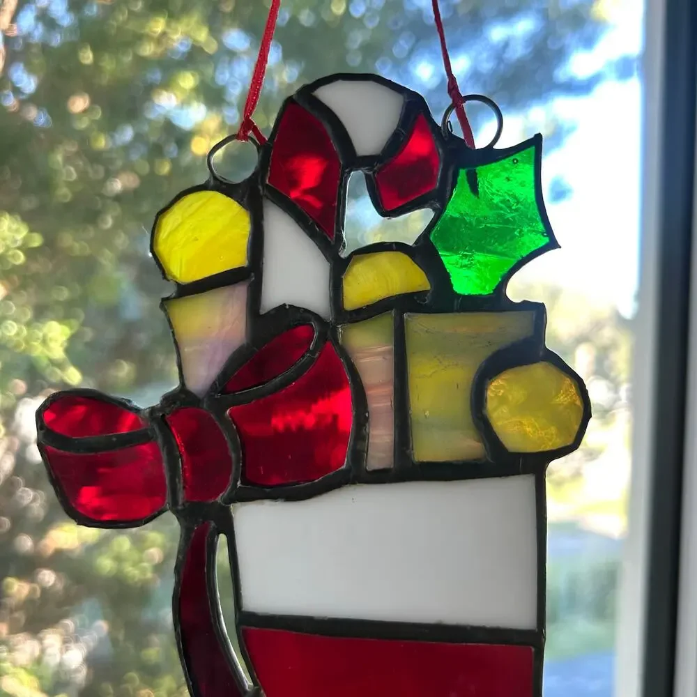 Vintage Stained Glass Christmas Stocking – 9” Iridescent Holiday Suncatcher